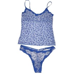 Victoria’s Secret Blue Floral Lace Trim Cami Tank Set Size Large Y2K Cottagecore